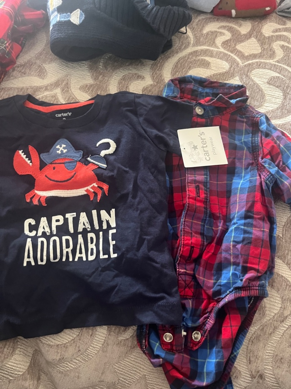 Carter's Navy Pajama Top with Red Crab Graphic & Red/Blue Plaid Bodysuit